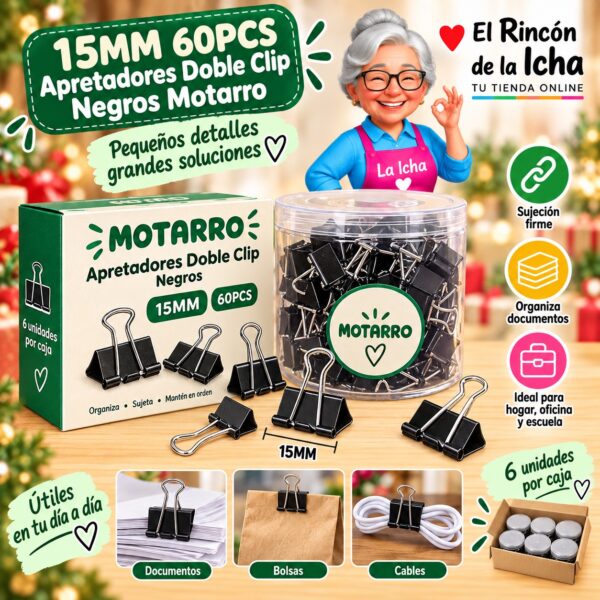 15MM 60PCS Apretadores Doble Clip Negros Motarro