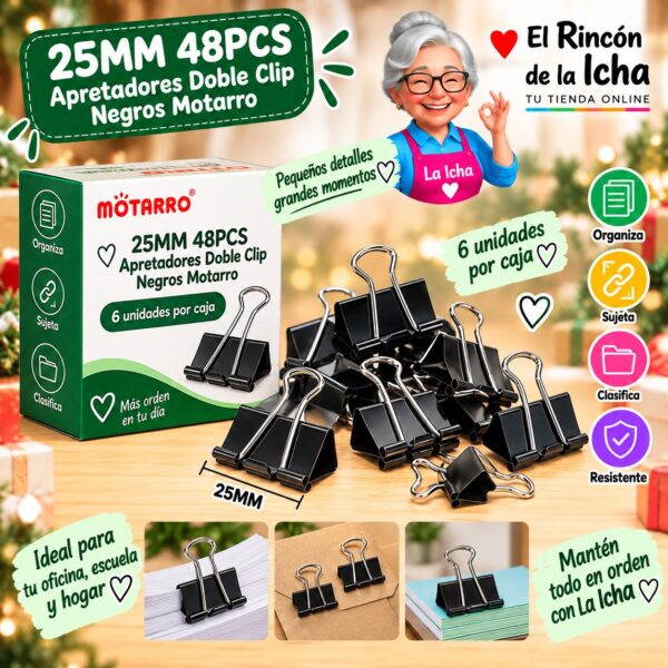 25MM 48PCS Apretadores Doble Clip Negros Motarro