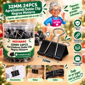 32MM 24PCS Apretadores Doble Clip Negros Motarro