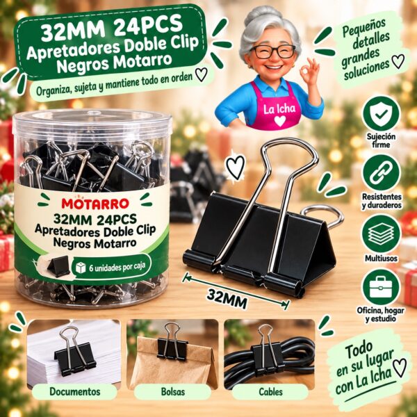 32MM 24PCS Apretadores Doble Clip Negros Motarro