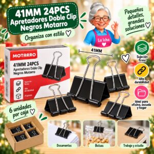 41MM 24PCS Apretadores Doble Clip Negros Motarro