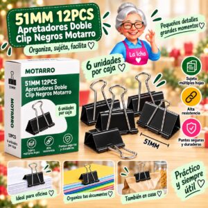 51MM 12PCS Apretadores Doble Clip Negros Motarro