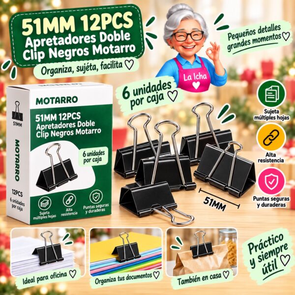 RI-0008340 51MM 12PCS Apretadores Doble Clip Negros Motarro