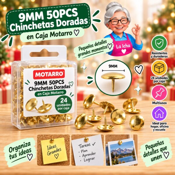 RI-0008352 9MM 50PCS Chinchetas Doradas en Caja Motarro