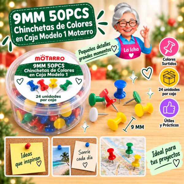 RI-0008353 9MM 50PCS Chinchetas de Colores en Caja Modelo 1 Motarro