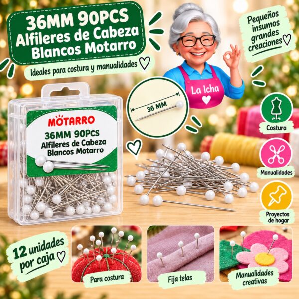 RI-0008364 36MM 90PCS Alfileres de Cabeza Blancos Motarro