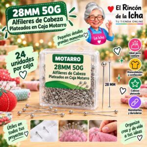 RI-0008365 28MM 50G Alfileres de Cabeza Plateados en Caja Motarro