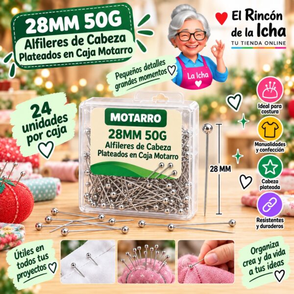 RI-0008365 28MM 50G Alfileres de Cabeza Plateados en Caja Motarro