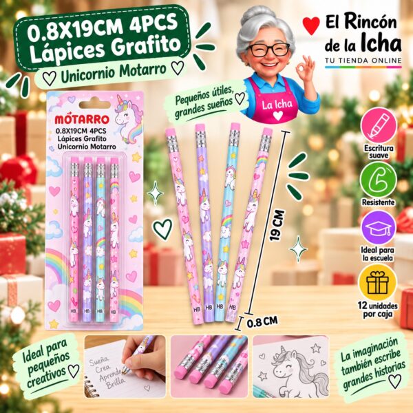 RI-0008374 0.8X19CM 4PCS Lápices Grafito Unicornio Motarro