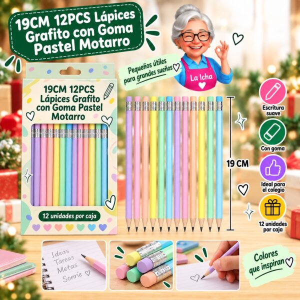 RI-0008388 19CM 12PCS Lápices Grafito con Goma Pastel Motarro