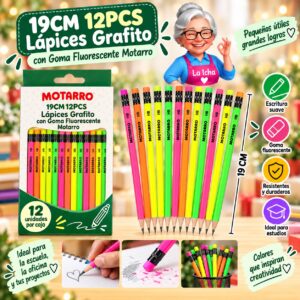 19CM 12PCS Lápices Grafito con Goma Fluorescente Motarro