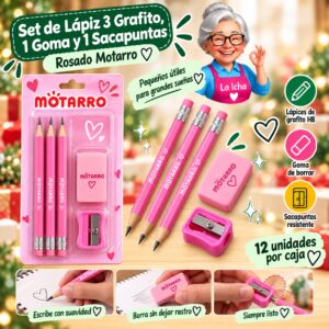 Set de Lápiz 3 Grafito, 1 Goma y 1 Sacapuntas Rosado Motarro