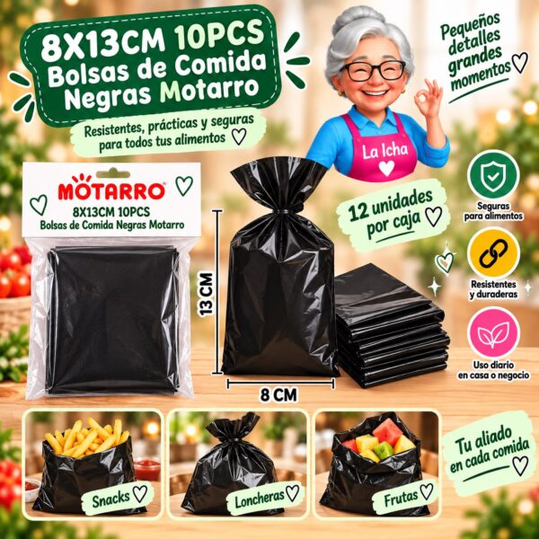 RI-0008392 8X13CM 10PCS Bolsas de Comida Negras Motarro