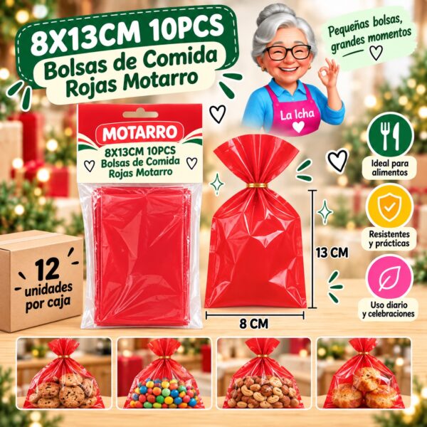 RI-0008393 8X13CM 10PCS Bolsas de Comida Rojas Motarro