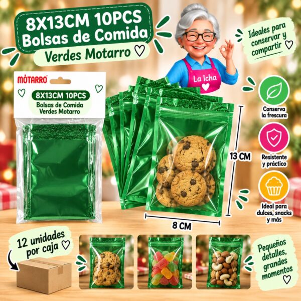 RI-0008398 8X13CM 10PCS Bolsas de Comida Verdes Motarro