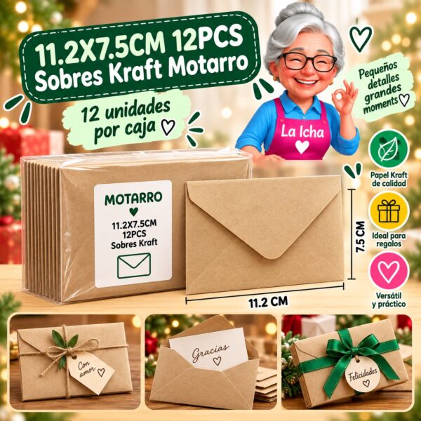 11.2X7.5CM 12PCS Sobres Kraft Motarro