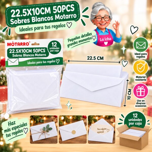 22.5X10CM 50PCS Sobres Blancos Motarro