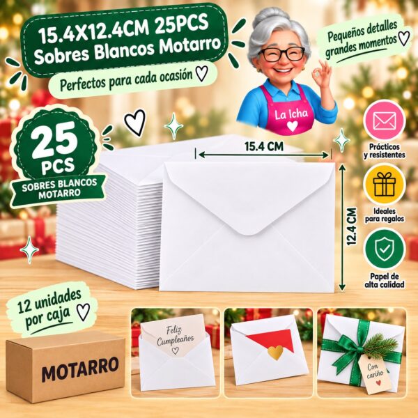 15.4X12.4CM 25PCS Sobres Blancos Motarro