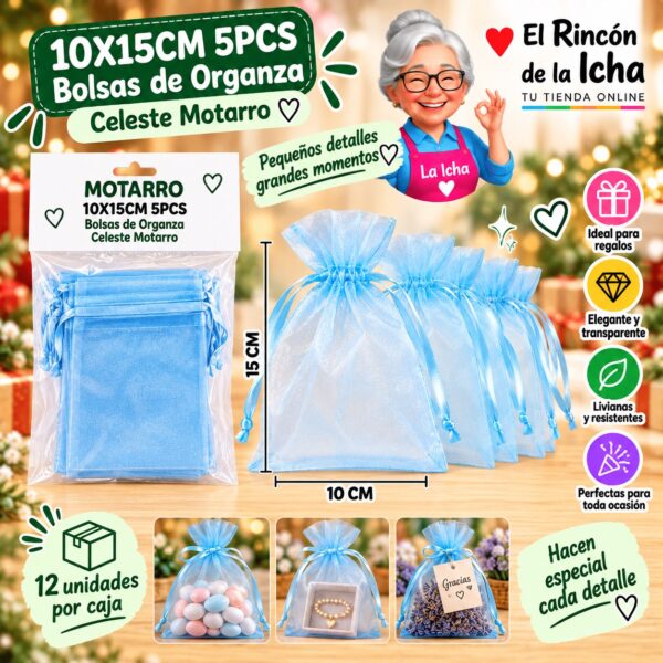 RI-0008417 10X15CM 5PCS Bolsas de Organza Celeste Motarro
