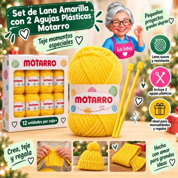 RI-0008450 Set de Lana Amarilla con 2 Agujas Plásticas Motarro