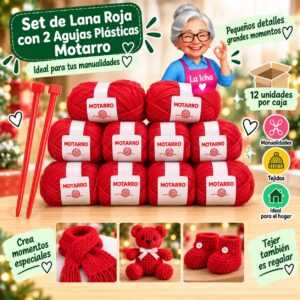 RI-0008451 Set de Lana Roja con 2 Agujas Plásticas Motarro