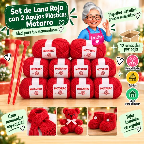 RI-0008451 Set de Lana Roja con 2 Agujas Plásticas Motarro