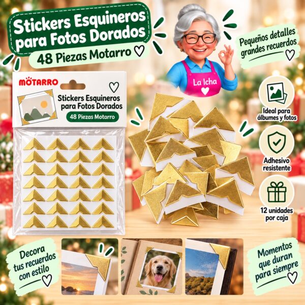 RI-0008465 Stickers Esquineros para Fotos Dorados 48 Piezas Motarro