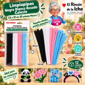 RI-0008480 Limpiapipas Negro Blanco Rosado Celeste 0,6 x 30 cm 20 unidades Motarro