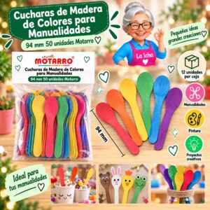 RI-0008484 Cucharas de Madera de Colores para Manualidades 94 mm 50 unidades Motarro