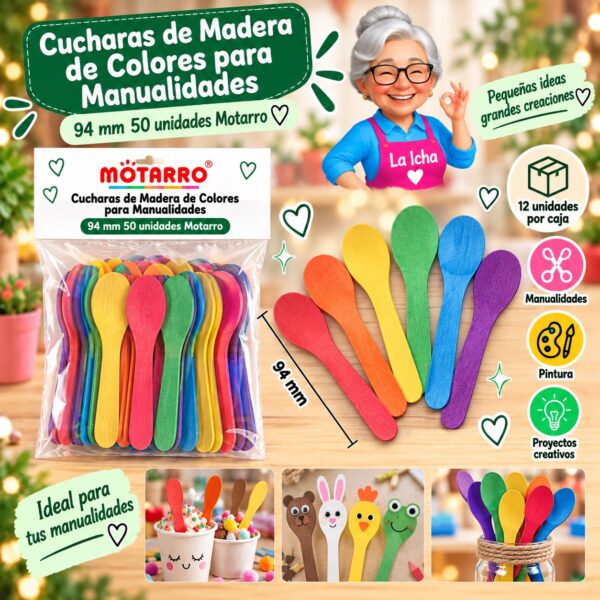 RI-0008484 Cucharas de Madera de Colores para Manualidades 94 mm 50 unidades Motarro