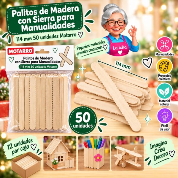 RI-0008486 Palitos de Madera con Sierra para Manualidades 114 mm 50 unidades Motarro