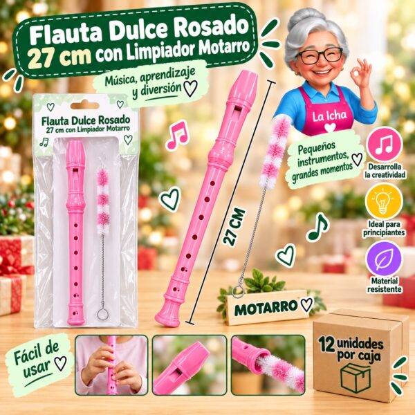 RI-0008507 Flauta Dulce Rosado 27 cm con Limpiador Motarro