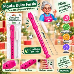 RI-0008511 Flauta Dulce Fucsia 27 cm con Limpiador Motarro
