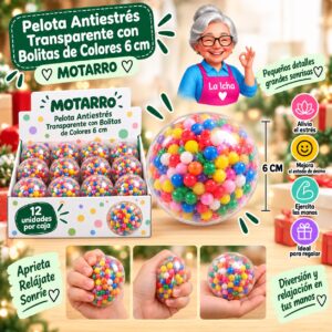 Pelota Antiestrés Transparente con Bolitas de Colores 6 cm Motarro