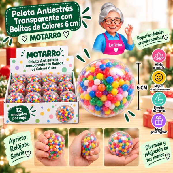 RI-0008514 Pelota Antiestrés Transparente con Bolitas de Colores 6 cm Motarro