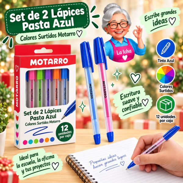RI-0008547 Set de 2 Lápices Pasta Azul Colores Surtidos Motarro