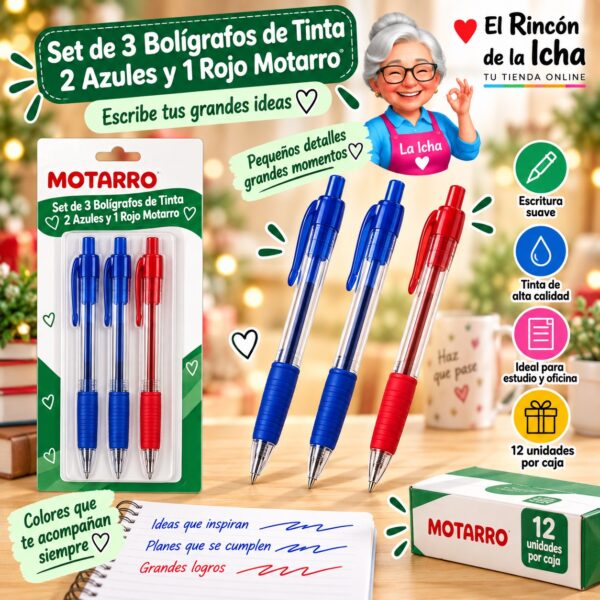 RI-0008548 Set de 3 Bolígrafos de Tinta 2 Azules y 1 Rojo Motarro