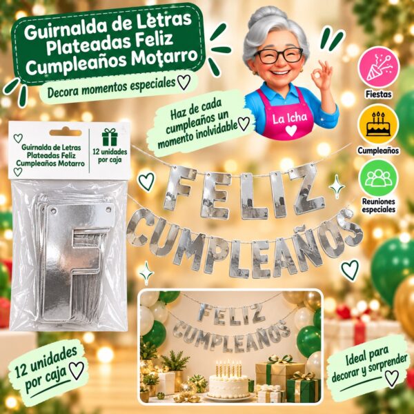 RI-0008571 Guirnalda de Letras Plateadas Feliz Cumpleaños Motarro