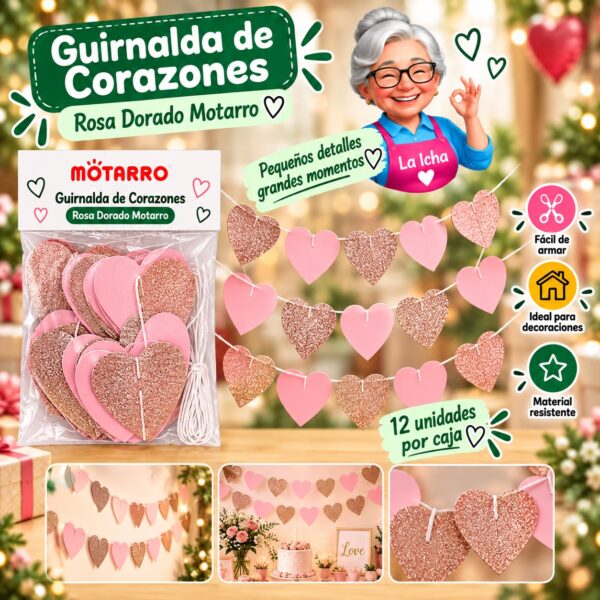 RI-0008575 Guirnalda de Corazones Rosa Dorado Motarro