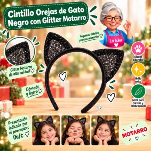 RI-0008596 Cintillo Orejas de Gato Negro con Glitter Motarro