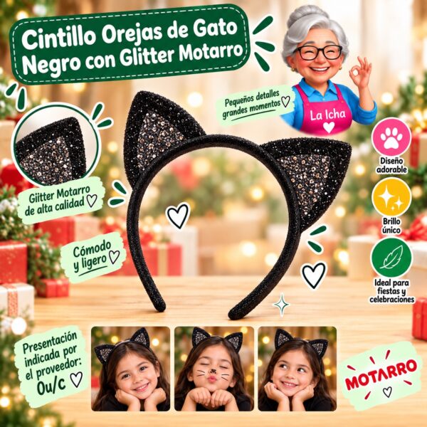 Cintillo Orejas de Gato Negro con Glitter Motarro