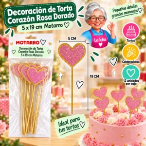 RI-0008633 Decoración de Torta Corazón Rosa Dorado 5 x 19 cm Motarro