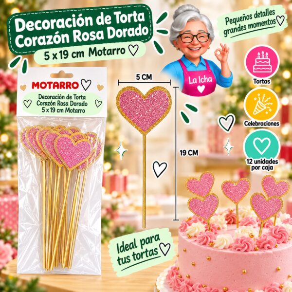 RI-0008633 Decoración de Torta Corazón Rosa Dorado 5 x 19 cm Motarro