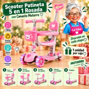 RI-0008637 Scooter Patineta 5 en 1 Rosada con Canasto Motarro