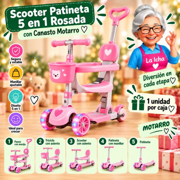 Scooter Patineta 5 en 1 Rosada con Canasto Motarro
