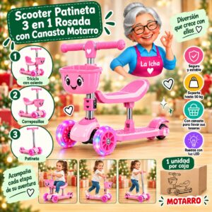 RI-0008638 Scooter Patineta 3 en 1 Rosada con Canasto Motarro