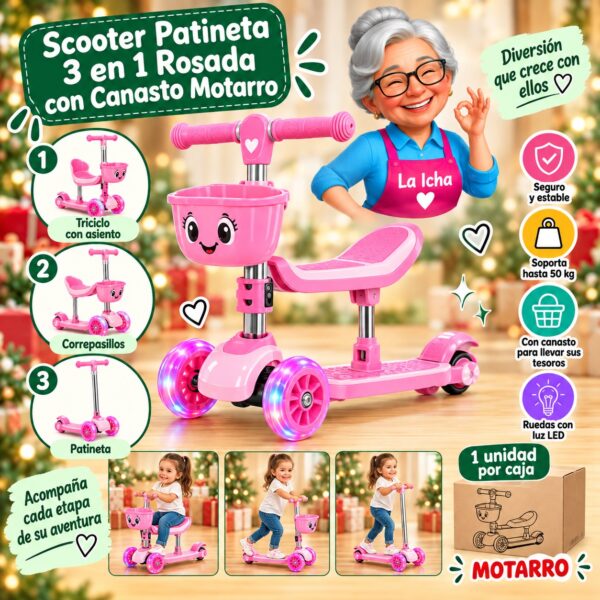 Scooter Patineta 3 en 1 Rosada con Canasto Motarro