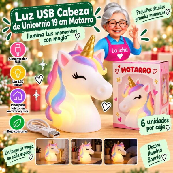 RI-0008646 Luz USB Cabeza de Unicornio 19 cm Motarro