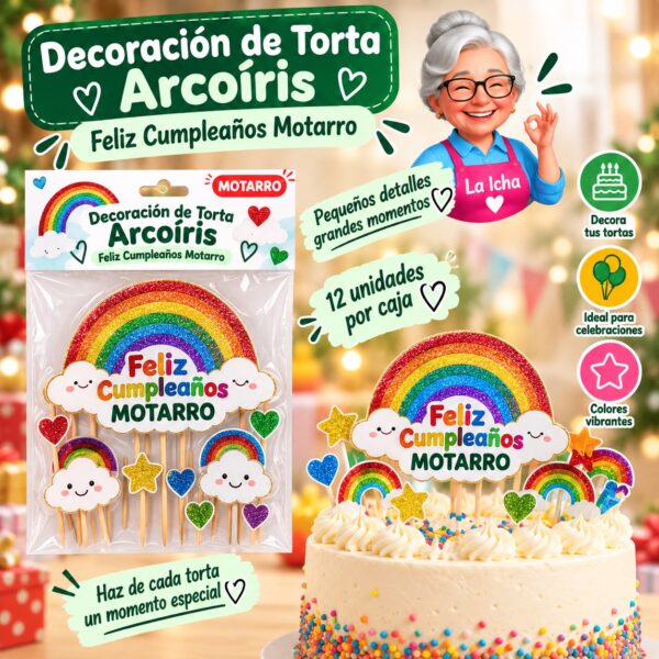 RI-0008655 Decoración de Torta Arcoíris Feliz Cumpleaños Motarro