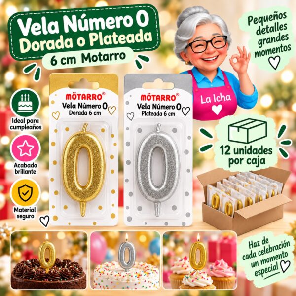 RI-0008660 Vela Número 0 Dorada o Plateada 6 cm Motarro